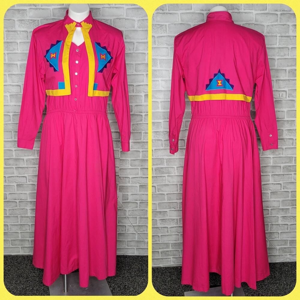 VTG Pink Southwest Maxi Western Dress with Attached Bolero Jacket, size Small